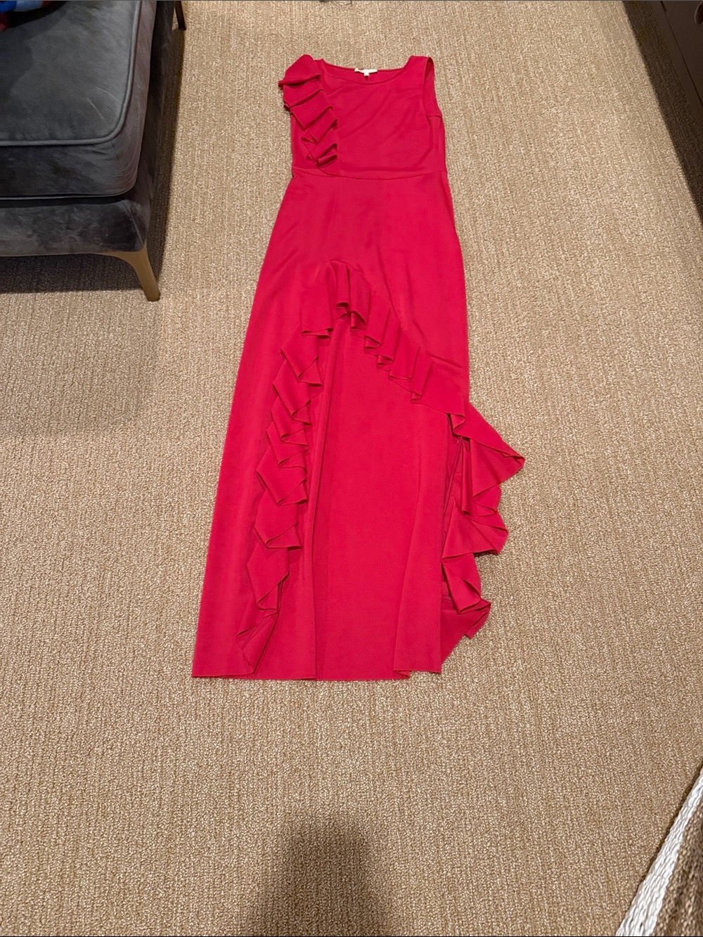 Maje Bright Red Ruffle-Trim Maxi Dress
